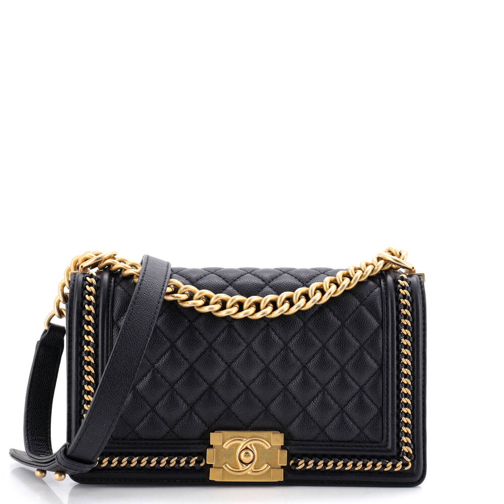 Chanel Old Medium Boy Flap Bag Quilted Caviar with Whipstitch Chain Detail